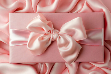 Poster - top view, pink gift box with silk bow, studio light