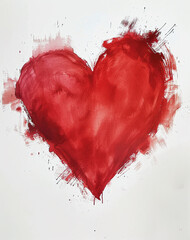 Canvas Print - one large whimsical hand-painted watercolor heart painted in shades of red on a white background