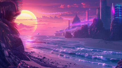 Wall Mural - Cyberpunk Landscape, Neon, Purple Light