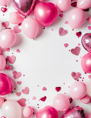 Poster - VALENTINES DAY border FRAME LOVE THEMED with pink hearts and ballons with white space in the center on white background