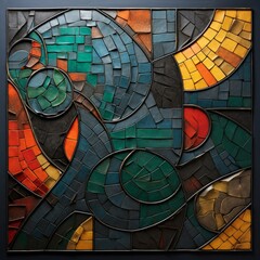 Canvas Print - The multicolored abstract painting is made of leather, stained glass effect, recycled material murals, dark emerald, puzzle-like pieces