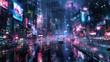 © Wendelin - A digital art of a futuristic cityscape at night, illuminated by neon lights, with crowded, bustling streets.