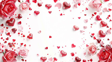 Wall Mural - a valentine screen hearts and roses on a white background