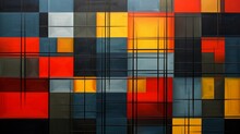 Gray Squares Are In Red, Blue, Green, Black And Yellow, In The Style Of Dark Orange And Indigo, Classical Composition, Abstracted Forms, Woven Color Planes
