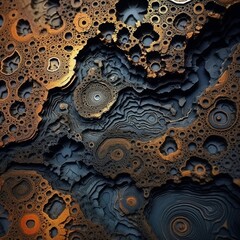 Poster - Fractals on scaly surfaces, in the style of dark gold and indigo, earthy textures, stone, intricately sculpted, burned charred