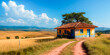 Papel de parede apresentando uma paisagem do sertão nordestino brasileiro, com uma casinha pobre em meio a uma paisagem árida e seca, evocando a beleza austera e a vida simples dessa região