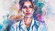 Portrait of female doctor. Colorful watercolor painting illustration.