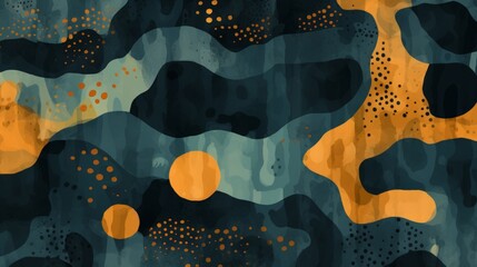 Poster - colorful pattern with the camouflage elements, in the style of organic forms blending with geometric shapes, carpetpunk, dotted, dark teal and light orange