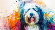Portrait Of Old English Sheepdog Dog. Colorful Watercolor Painting Illustration.