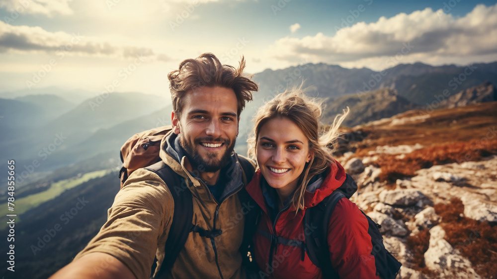 Hombre y mujer de viajes en la cima de una montaña. Pareja de ...