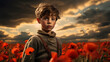 a young boy standing in a poppy field