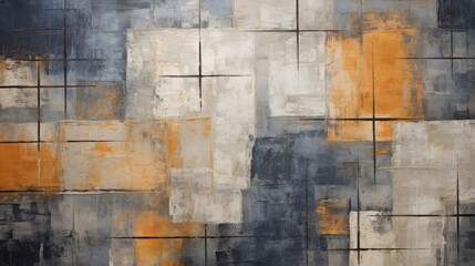 Wall Mural - abstract painting featuring orange and black squares, in the style of dark indigo and gray, abstract whispers, white and bronze, abstract expressionist ink