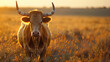 A majestic golden bull stands alone in a vast, sun-kissed meadow, its horns gleaming in the warm light