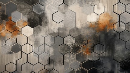 Poster - a gray and black rug with stacked hexagons, in the style of stylistic abstraction, sepia tone, fragmented designs, opt art, gossamer fabrics, wood, digitally enhanced