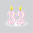 Number 32 with colorful dots. Celebratory candle design. Bright birthday symbol. Vector illustration. EPS 10.