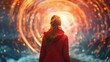 A young woman in a red jacket stands at the base of the gateway back turned as gazes up at the swirling vortex of colors and . .