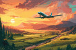 Airplane Colorful landscape with passenger airplane art background.