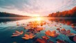 Autumn leaves floating on lake water with beautiful sunset view. Landscape nature background.