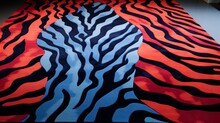 Blue And Red Zebra Print Rug With Brown Stripes, Fabric