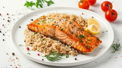 baked salmon with brown rice on white background