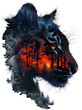 Double Exposure Effect of Panther at Sunset, isolated on White Background. AI generated Illustration.