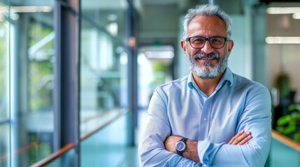 happy confident mature latin business man standing in office hall, portrait. smiling mid aged older 