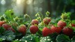 Plump, juicy strawberries, embellished with sparkling dew drops, recline upon verdant green foliage. Generative AI