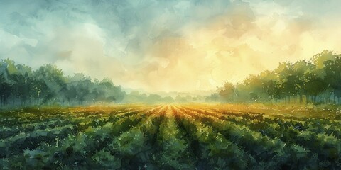 Wall Mural - Drone agriculture surveying a field, dynamic aerial view with crops in neat rows, watercolor painting.