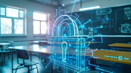Virtual creative lock sketch with chip hologram on empty classroom background, protection of personal data concept. Multiexposure