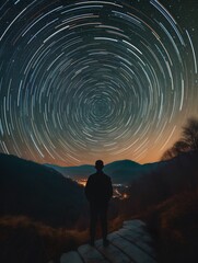 Wall Mural - Man standing on the trail in the mountains and looking at the starry sky