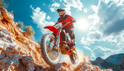 Wall Mural - Man doing motocross in the mountains. Biker riding through the mountains.