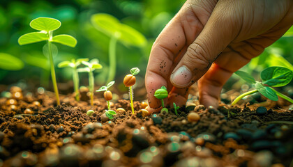 Wall Mural - Hand taking care of the plant. Hand with farming grains. Farmer's hand.