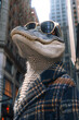 A crocodile wearing sunglasses and a plaid jacket stands in front of a building