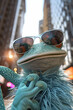A cartoon frog wearing sunglasses is posing for a picture