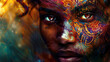 A striking black woman gazes ahead with a fierce determination in her eyes her face adorned with intricate and colorful abstract patterns that seem to reflect her inner strength and .