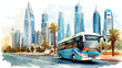 Watercolor sketch of Bus with Buildings Dubai in vector