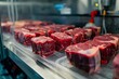 A close up of a variety of fresh cuts of beef on display in a refrigerated case at a butcher shop.
