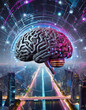 Brain with a tech concept of the future and past around it, knowledge, question, information