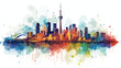 Watercolor splash with sketch of Toronto City Skyli
