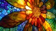 Close-up, abstract floral masterpiece, stained glass inspiration, vivid segments, radiant beams 