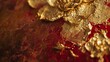 Close shot, abstract floral, gold leaf detailing, luxury reds, opulent texture, candlelit
