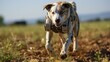 A dog is running through a field with a camera attached to its back. The dog appears to be enjoying the activity and is focused on the camera