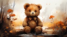 A Teddy Bear Is Sitting In A Field Of Flowers. The Bear Is Brown And Has A Bow Around Its Neck. The Scene Is Peaceful And Serene, With The Bear Looking Out Into The Distance