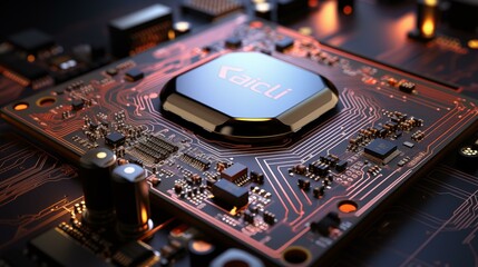 Canvas Print - A computer chip is shown in a close up. The chip is made by the company KAICIID