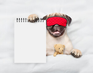 Wall Mural - Pug puppy wearing sleeping mask sleeps with toy bear under white blanket on a bed at home and shows empty notepad. Top down view