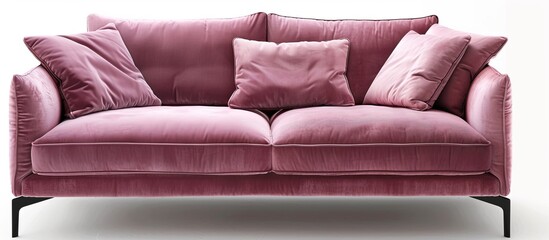 A comfortable and stylish pink couch adorned with decorative cushions