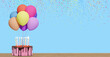 Birthday cake with bunch of golden balloons on blue background with confetti. Empty space for text. 3d rendering