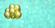 Bunch of gold balloons on blurred aquamarine or green background with confetti. Empty space for text. 3d rendering