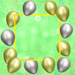 Yellow frame with gold and silver balloons on blurred green background with confetti. Empty space for text. 3d rendering