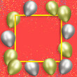 Golden frame with gold and silver balloons on red background with confetti. Empty space for text. 3d rendering